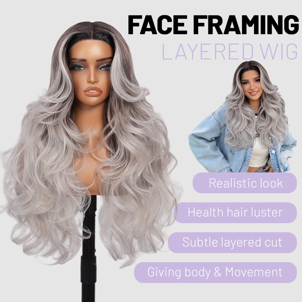 Wigaga 28 Inch Ombre Body Wave Wig, 13x4x1 HD Lace Glueless T-Part Lace Front Synthetic Wig for Women, Pre-Plucked Natural Hairline with Baby Hair, 200% Density, Soft Lightweight Heat-Resistant Premium Fiber, Middle Part Free Small Wavy