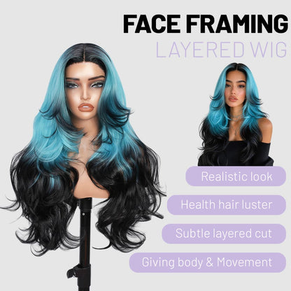 Wigaga 28 Inch Ombre Teal Black Body Wave Wig, 13x4x1 HD Lace Glueless T-Part Lace Front Synthetic Wig for Women, Pre-Plucked Natural Hairline with Baby Hair, 200% Density, Soft Lightweight Heat-Resistant Premium Fiber