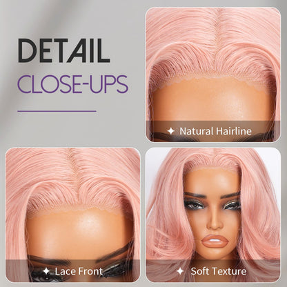 Wigaga 28 Inch Pink Body Wave Wig, 13x4x1 HD Lace Glueless T-Part Lace Front Synthetic Wig for Women, Pre-Plucked Natural Hairline with Baby Hair, 200% Density, Soft Lightweight Heat-Resistant Premium Fiber