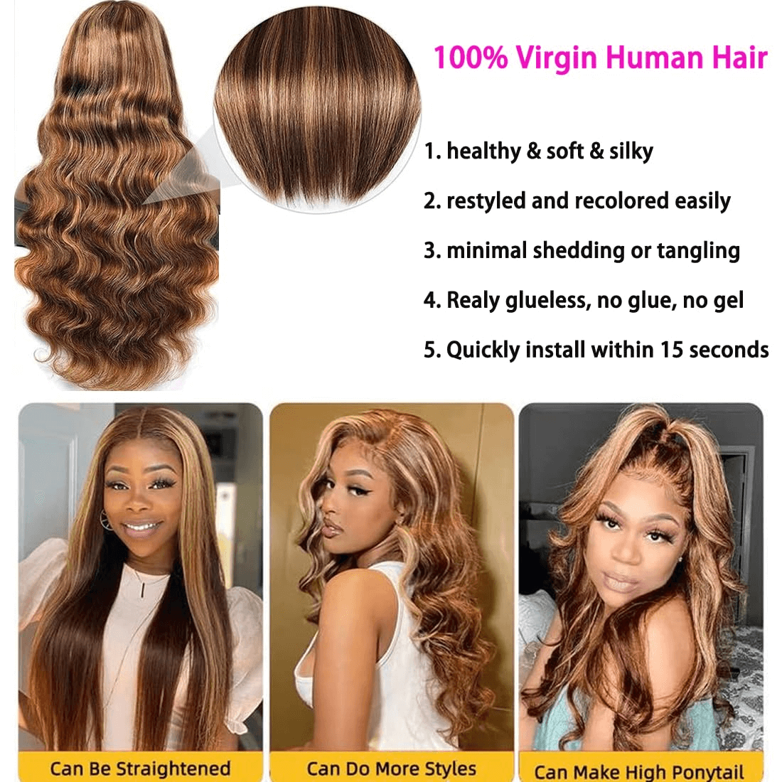 Wesface Wigs  Highlight 4x4 Transparent Lace Closure Wigs Human Hair Body Wave Glueless Wigs Pre Plucked 180 Density 4/27 Honey Blonde Ombre Balayage Colored Human Hair Wigs for Black Women