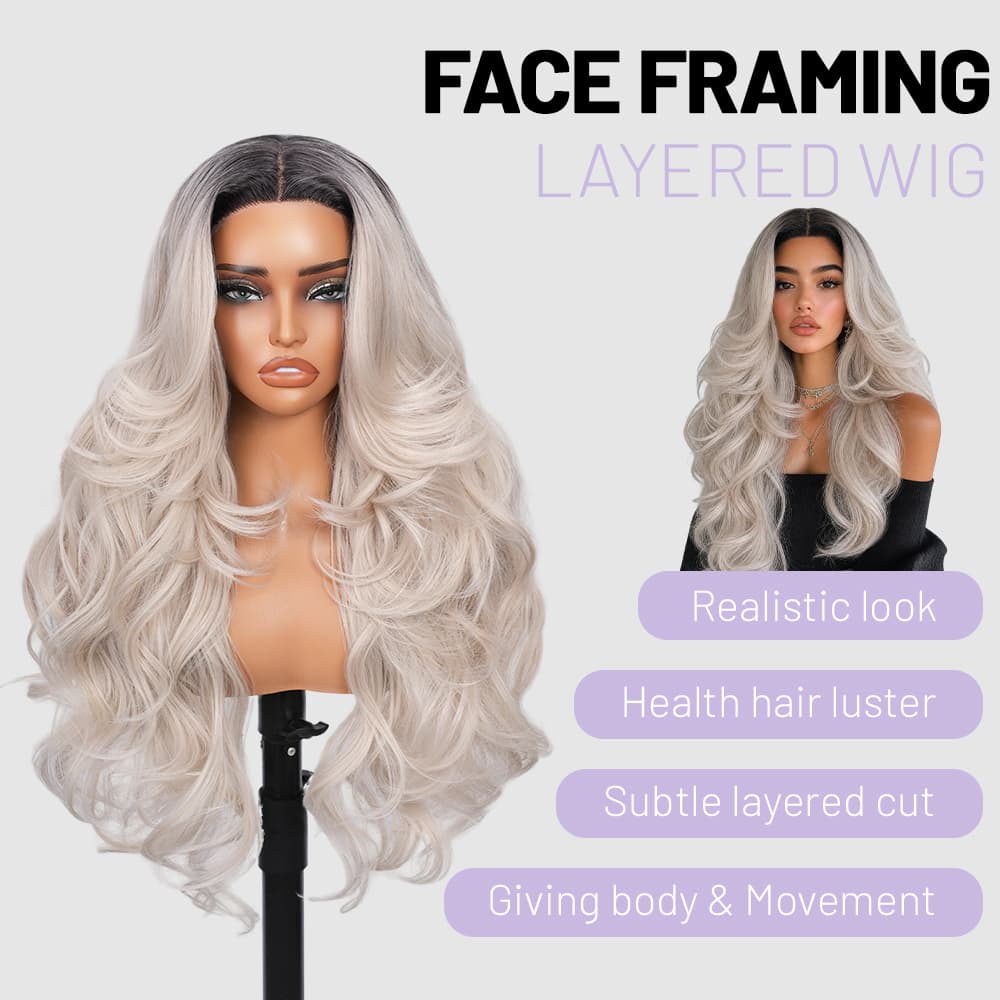Wigaga 28 Inch Ombre Ice Cream Body Wave Wig, 13x4x1 HD Lace Glueless T-Part Lace Front Synthetic Wig for Women, Pre-Plucked Natural Hairline with Baby Hair, 200% Density, Soft Lightweight Heat-Resistant Premium Fiber