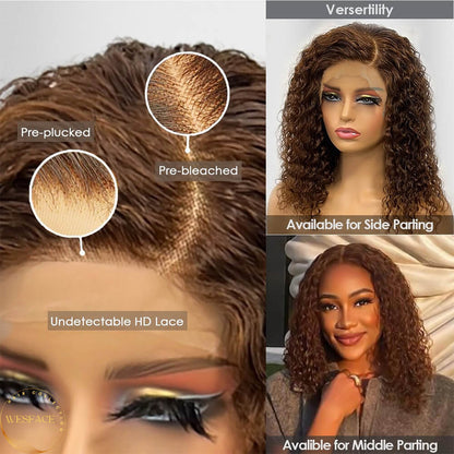 Wesface Brown Curly Bob Wig Human Hair Lace Closure Wigs 12A Glueless Wigs Human Hair Pre Plucked 4x4 Transparent Short Chocolate Brown Water Wave Human Hair Wigs for Women