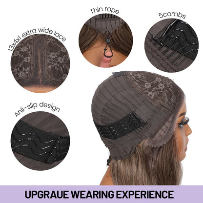 Wigaga 28 Inch Ombre Blonde Body Wave Wig, 13x4x1 HD Lace Glueless T-Part Lace Front Synthetic Wig for Women, Pre-Plucked Natural Hairline with Baby Hair, 200% Density, Soft Lightweight Heat-Resistant Premium Fiber, Middle Part Free Small Wavy