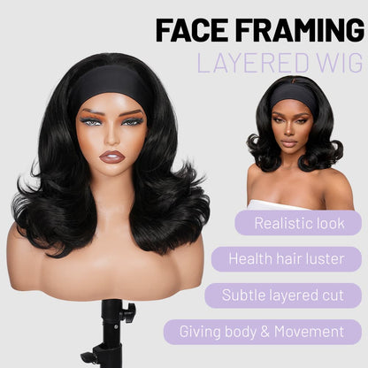 Wigaga Headband Wig for Women, Glueless No-Lace Wear &amp; Go Wig, 18 Inch Premium Soft Lightweight Heat-Resistant Fiber Synthetic Wig, Layered Body Wave Wig , Pre-Plucked Natural Hairline, Beginner Friendly 200% Density