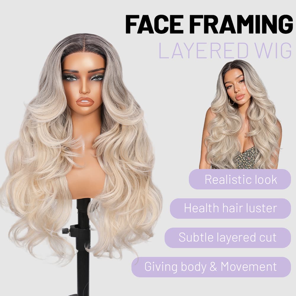 Wigaga 28 Inch Ombre Yellow Gray Body Wave Wig, 13x4x1 HD Lace Glueless T-Part Lace Front Synthetic Wig for Women, Pre-Plucked Natural Hairline with Baby Hair, 200% Density, Soft Lightweight Heat-Resistant Premium Fiber