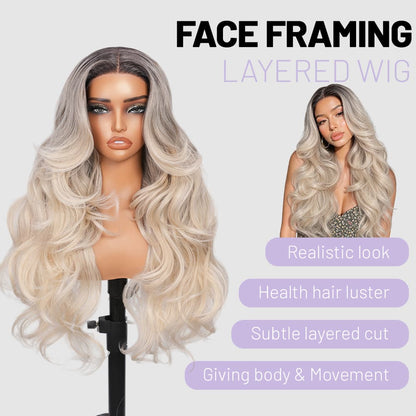 Wigaga 28 Inch Ombre Yellow Gray Body Wave Wig, 13x4x1 HD Lace Glueless T-Part Lace Front Synthetic Wig for Women, Pre-Plucked Natural Hairline with Baby Hair, 200% Density, Soft Lightweight Heat-Resistant Premium Fiber