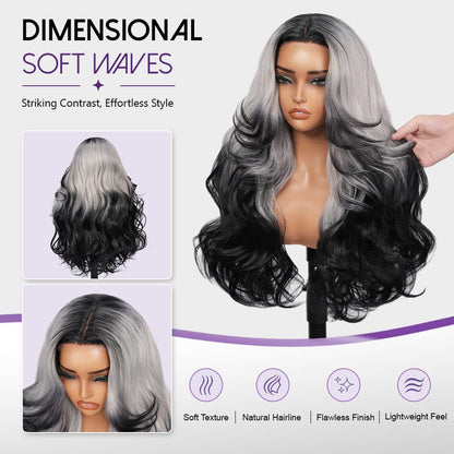 Wigaga 28 Inch Ombre Blonde Black Body Wave Wig, 13x4x1 HD Lace Glueless T-Part Lace Front Synthetic Wigs for Women, Pre-Plucked Hairline with Baby Hair, Soft Lightweight Heat-Resistant Premium Fiber, Middle Part Free Small Wavy, 200% Density