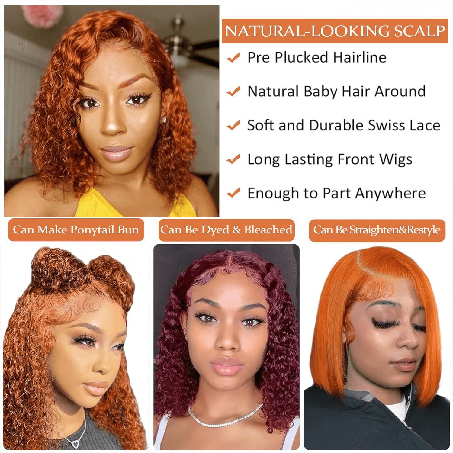 Wesface Wigs Ginger Curly Bob Wig Human Hair 4x4 Lace Closure Wigs Human Hair for Women Orange Ginger Short Curly Bob Wigs Human Hair