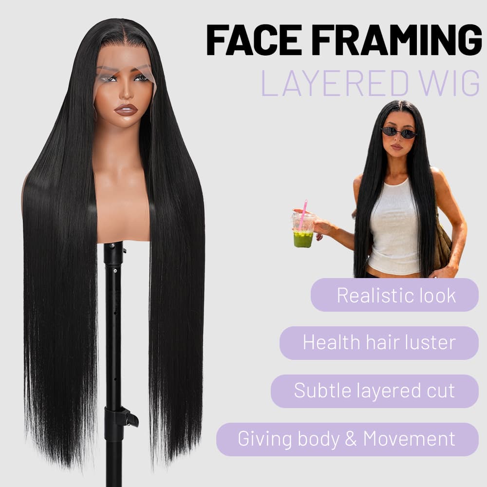 Wigaga Glueless 13x4 HD Lace Front Wig, 36 Inch Long Straight Synthetic Wig for Women, Middle Part Lace Wigs with Pre-Plucked Natural Hairline and Baby Hair, 200% Density Soft Lightweight Heat Resistant Fiber
