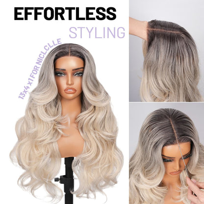 Wigaga 28 Inch Ombre Yellow Gray Body Wave Wig, 13x4x1 HD Lace Glueless T-Part Lace Front Synthetic Wig for Women, Pre-Plucked Natural Hairline with Baby Hair, 200% Density, Soft Lightweight Heat-Resistant Premium Fiber