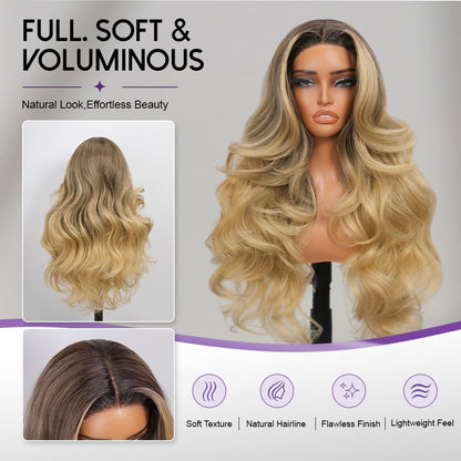 Wigaga 28 Inch Ombre Blonde Body Wave Wig, 13x4x1 HD Lace Glueless T-Part Lace Front Synthetic Wig for Women, Pre-Plucked Natural Hairline with Baby Hair, 200% Density, Soft Lightweight Heat-Resistant Premium Fiber, Middle Part Free Small Wavy