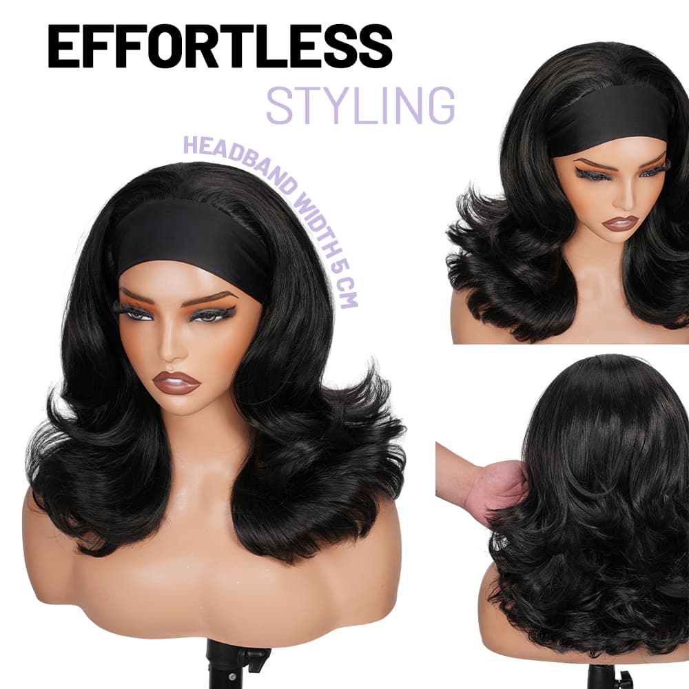 Wigaga Headband Wig for Women, Glueless No-Lace Wear &amp; Go Wig, 18 Inch Premium Soft Lightweight Heat-Resistant Fiber Synthetic Wig, Layered Body Wave Wig , Pre-Plucked Natural Hairline, Beginner Friendly 200% Density