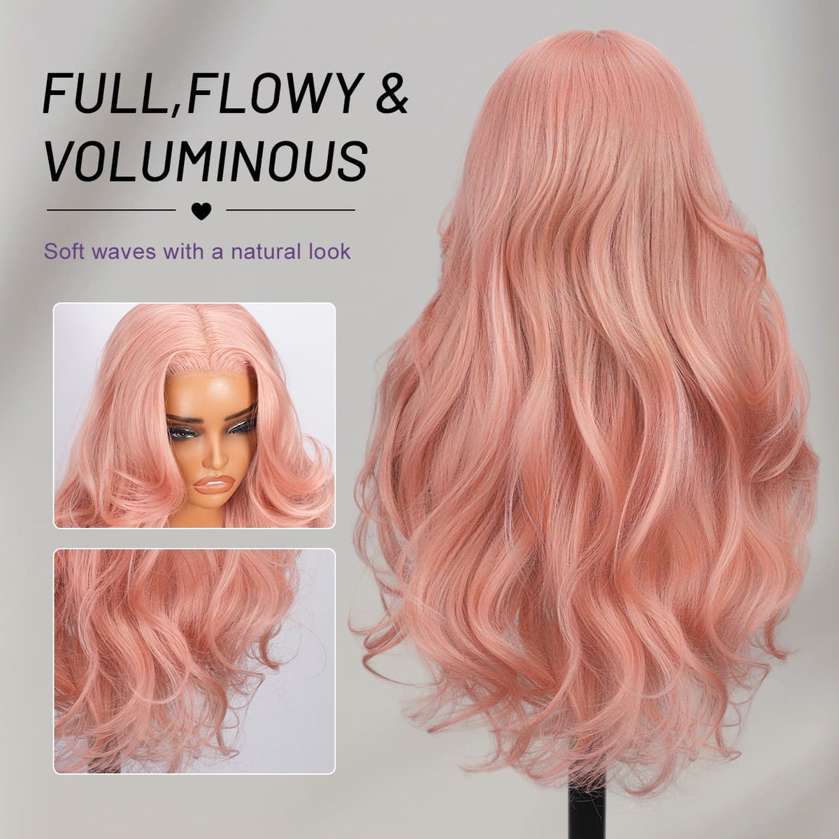 Wigaga 28 Inch Pink Body Wave Wig, 13x4x1 HD Lace Glueless T-Part Lace Front Synthetic Wig for Women, Pre-Plucked Natural Hairline with Baby Hair, 200% Density, Soft Lightweight Heat-Resistant Premium Fiber
