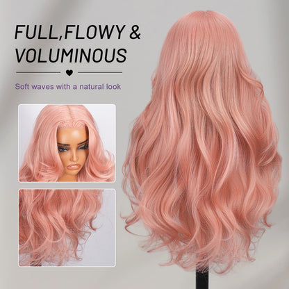 Wigaga 28 Inch Pink Body Wave Wig, 13x4x1 HD Lace Glueless T-Part Lace Front Synthetic Wig for Women, Pre-Plucked Natural Hairline with Baby Hair, 200% Density, Soft Lightweight Heat-Resistant Premium Fiber
