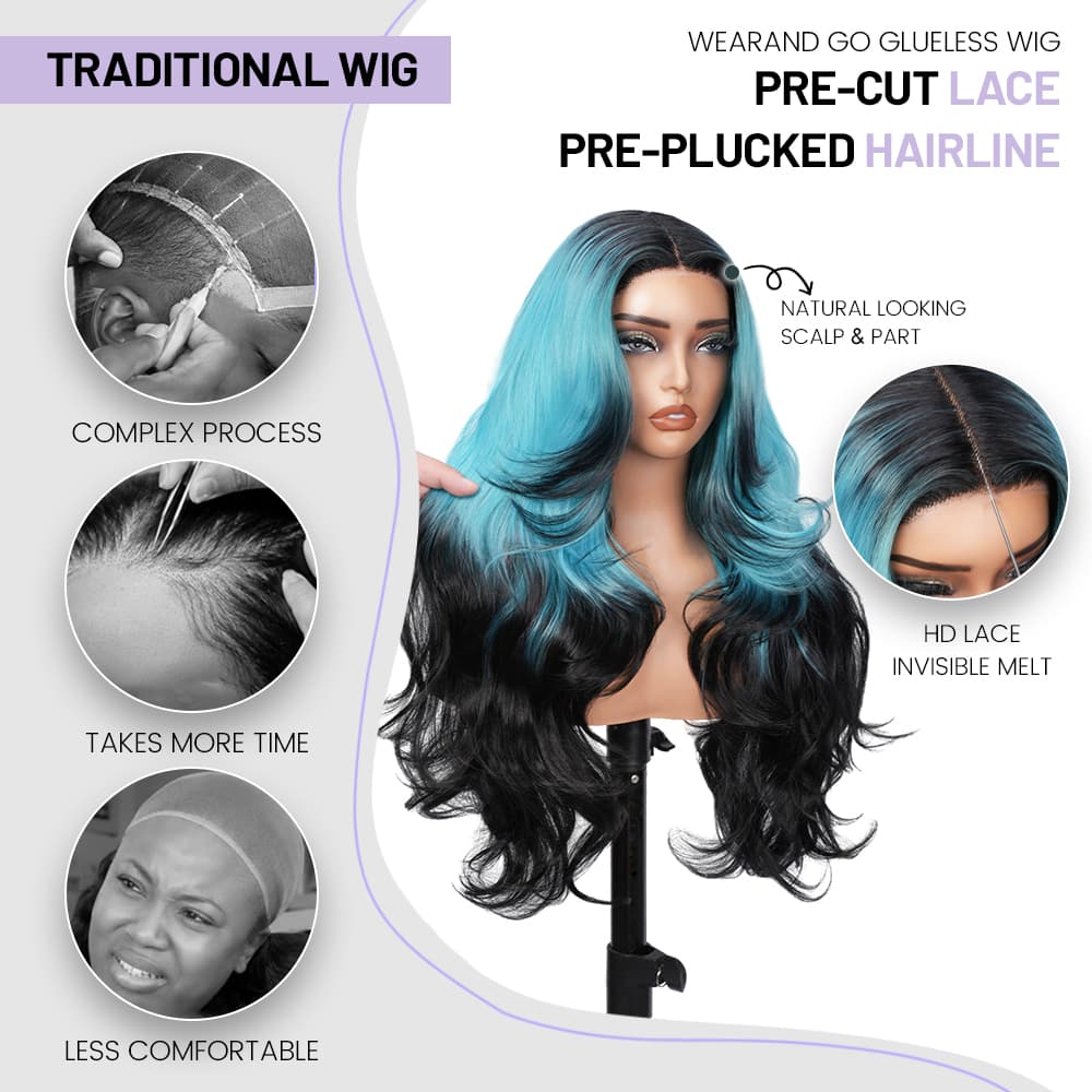 Wigaga 28 Inch Ombre Teal Black Body Wave Wig, 13x4x1 HD Lace Glueless T-Part Lace Front Synthetic Wig for Women, Pre-Plucked Natural Hairline with Baby Hair, 200% Density, Soft Lightweight Heat-Resistant Premium Fiber
