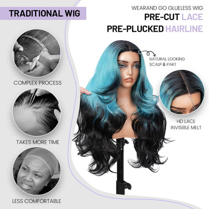 Wigaga 28 Inch Ombre Teal Black Body Wave Wig, 13x4x1 HD Lace Glueless T-Part Lace Front Synthetic Wig for Women, Pre-Plucked Natural Hairline with Baby Hair, 200% Density, Soft Lightweight Heat-Resistant Premium Fiber