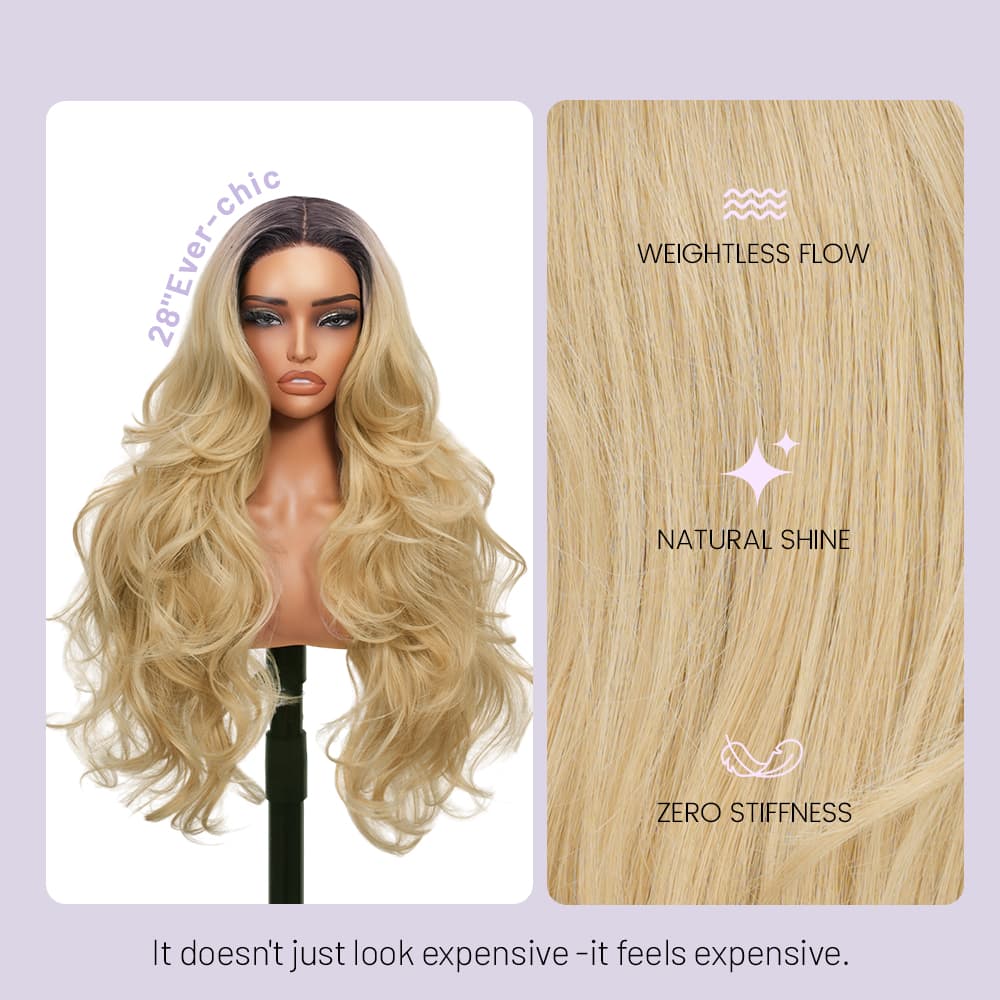 Wigaga 28 inch Ombre Flaxen Blonde Body Wave Wig, 13x4x1 HD Lace Glueless T-Part Lace Front Synthetic Wig for Women, Pre-Plucked Natural Hairline with Baby Hair, 200% Density Soft Lightweight Heat-Resistant Premium Fiber, Middle Part