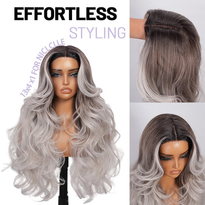Wigaga 28 Inch Ombre Body Wave Wig, 13x4x1 HD Lace Glueless T-Part Lace Front Synthetic Wig for Women, Pre-Plucked Natural Hairline with Baby Hair, 200% Density, Soft Lightweight Heat-Resistant Premium Fiber, Middle Part Free Small Wavy