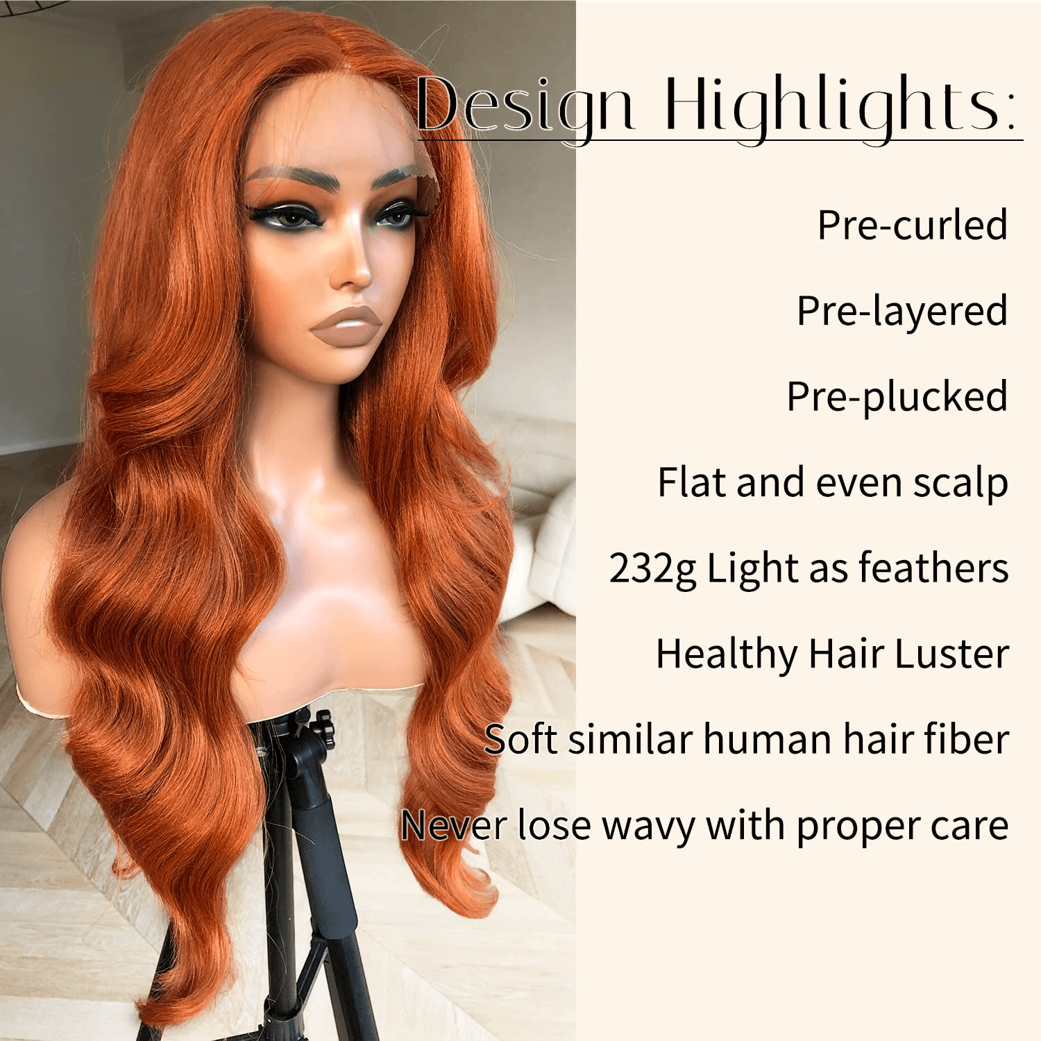 Wesface Wigs Ginger Wig Ginger Orange Body Wave 4X4 Lace Closure Wig Glueless Lace Wig Pre-plucked Pre-layered Body Wave Wig for Black Women