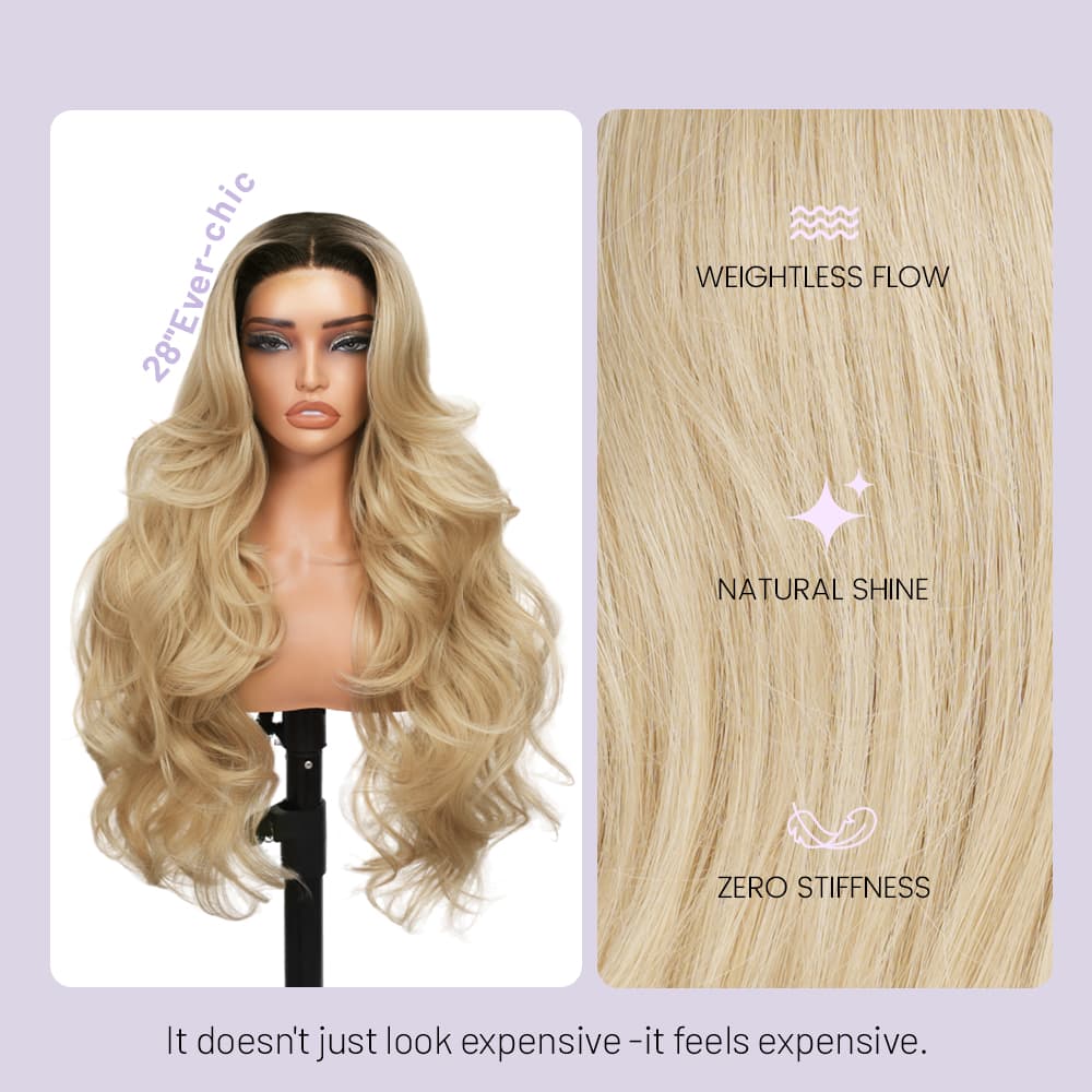 Wigaga 28 inch Cookie Ombre Body Wave Wig , 13x4x1 HD Lace Glueless T-Part Lace Front Synthetic Wig for Women, Pre-Plucked Natural Hairline with Baby Hair, 200% Density Soft Lightweight Heat-Resistant Premium Fiber, Middle Part Small Wavy
