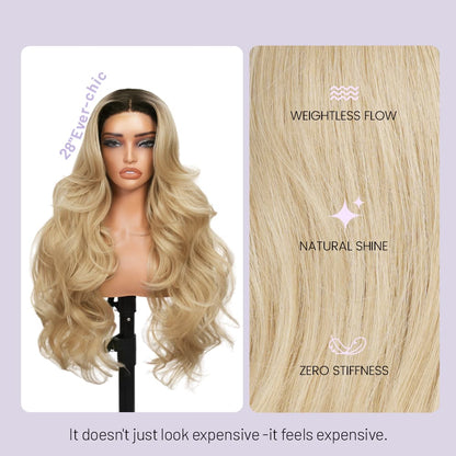 Wigaga 28 inch Cookie Ombre Body Wave Wig , 13x4x1 HD Lace Glueless T-Part Lace Front Synthetic Wig for Women, Pre-Plucked Natural Hairline with Baby Hair, 200% Density Soft Lightweight Heat-Resistant Premium Fiber, Middle Part Small Wavy