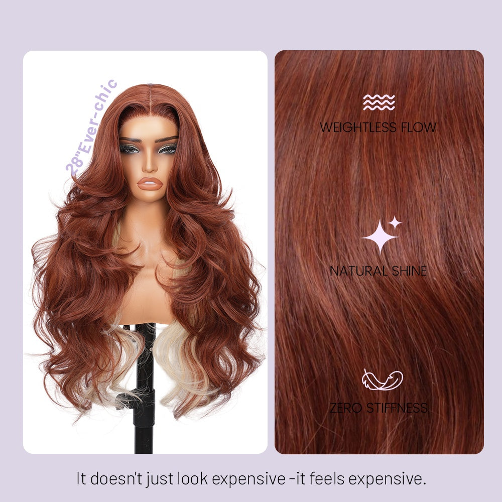 Wigaga 28 Inch Copper Blonde Body Wave Wig, 13x4x1 HD Lace Glueless T-Part Lace Front Synthetic Wig for Women, Pre-Plucked Natural Hairline with Baby Hair, Soft Lightweight Heat-Resistant Premium Fiber, Middle Part Free Small Wavy, 200% Density