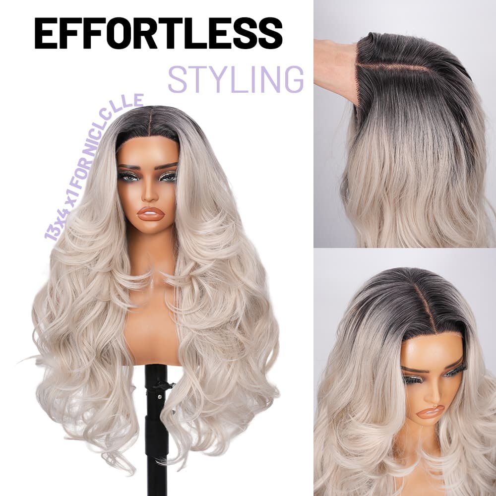 Wigaga 28 Inch Ombre Ice Cream Body Wave Wig, 13x4x1 HD Lace Glueless T-Part Lace Front Synthetic Wig for Women, Pre-Plucked Natural Hairline with Baby Hair, 200% Density, Soft Lightweight Heat-Resistant Premium Fiber