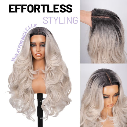 Wigaga 28 Inch Ombre Ice Cream Body Wave Wig, 13x4x1 HD Lace Glueless T-Part Lace Front Synthetic Wig for Women, Pre-Plucked Natural Hairline with Baby Hair, 200% Density, Soft Lightweight Heat-Resistant Premium Fiber