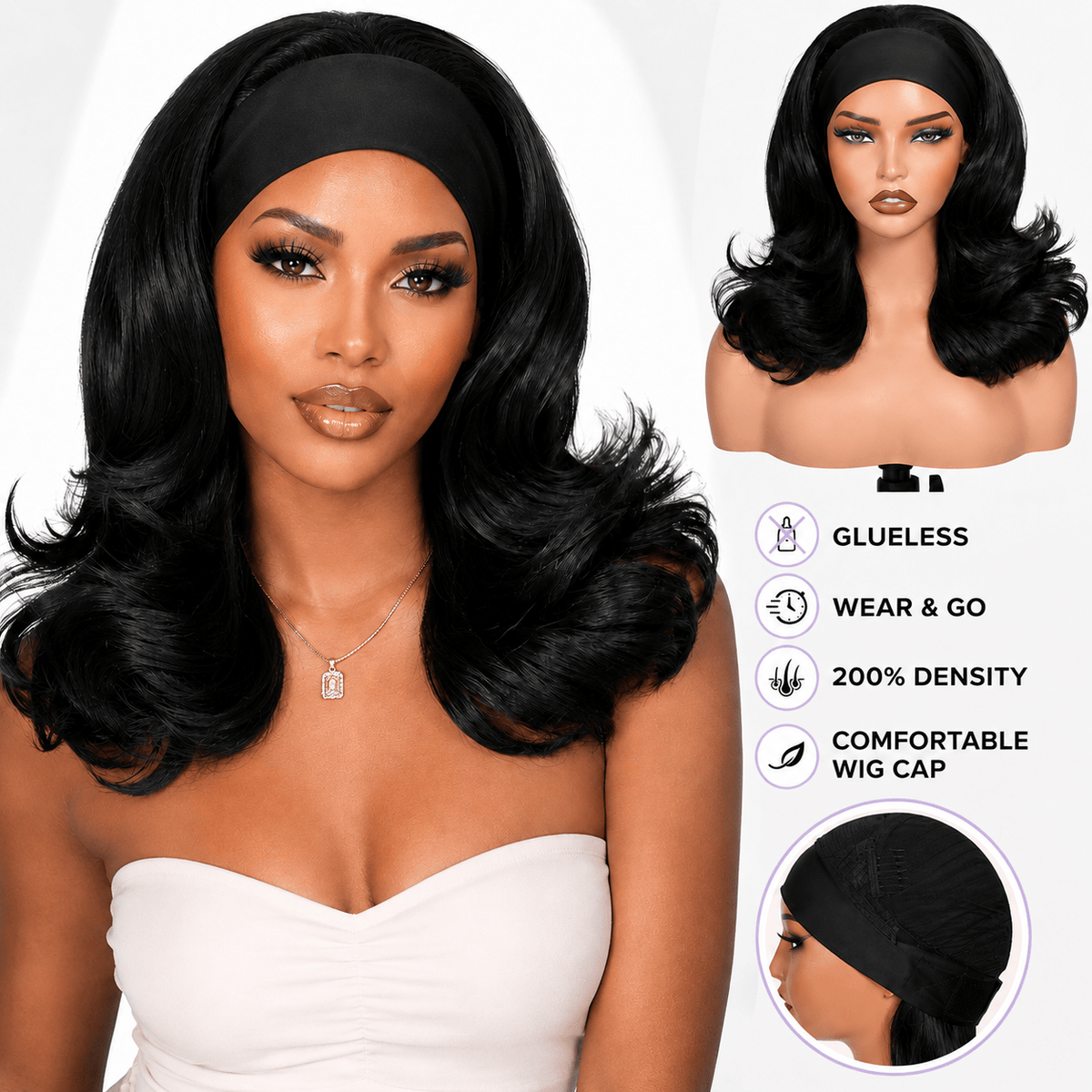 Wigaga Headband Wig for Women, Glueless No-Lace Wear &amp; Go Wig, 18 Inch Premium Soft Lightweight Heat-Resistant Fiber Synthetic Wig, Layered Body Wave Wig , Pre-Plucked Natural Hairline, Beginner Friendly 200% Density