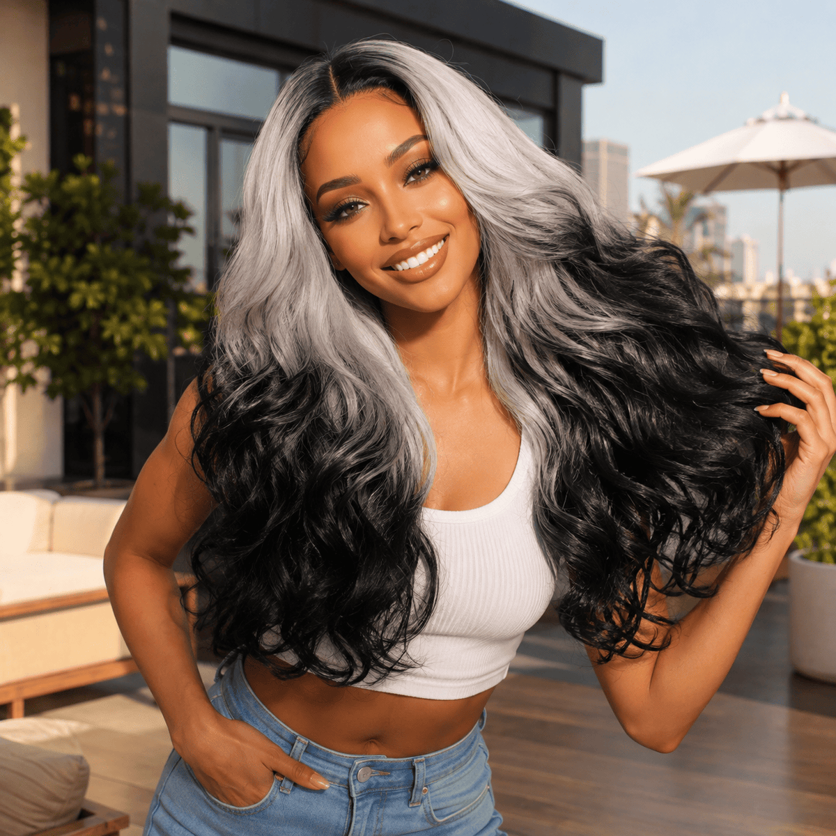 Wigaga 28 Inch Ombre Blonde Black Body Wave Wig, 13x4x1 HD Lace Glueless T-Part Lace Front Synthetic Wigs for Women, Pre-Plucked Hairline with Baby Hair, Soft Lightweight Heat-Resistant Premium Fiber, Middle Part Free Small Wavy, 200% Density