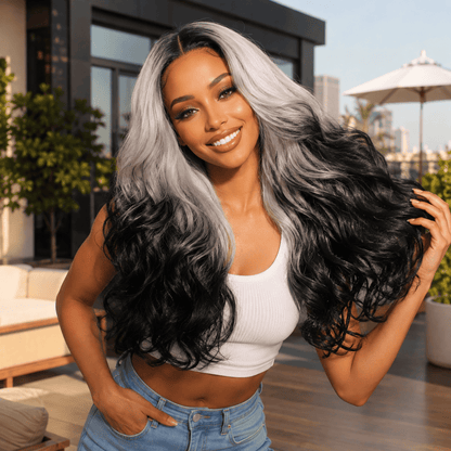 Wigaga 28 Inch Ombre Blonde Black Body Wave Wig, 13x4x1 HD Lace Glueless T-Part Lace Front Synthetic Wigs for Women, Pre-Plucked Hairline with Baby Hair, Soft Lightweight Heat-Resistant Premium Fiber, Middle Part Free Small Wavy, 200% Density