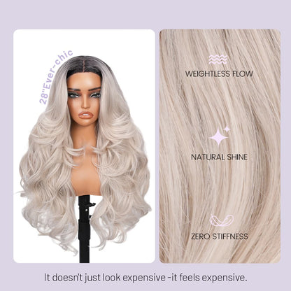 Wigaga 28 Inch Ombre Ice Cream Body Wave Wig, 13x4x1 HD Lace Glueless T-Part Lace Front Synthetic Wig for Women, Pre-Plucked Natural Hairline with Baby Hair, 200% Density, Soft Lightweight Heat-Resistant Premium Fiber