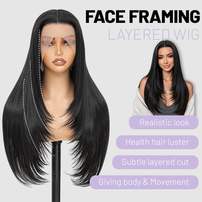 Synthetic Lace Front Wig 13x4 HD Lace Layered Hairstyle Pre Plucked Hairline Straight Long Black Glueless Wigs for Black Women 26 Inch Beginner Friendly