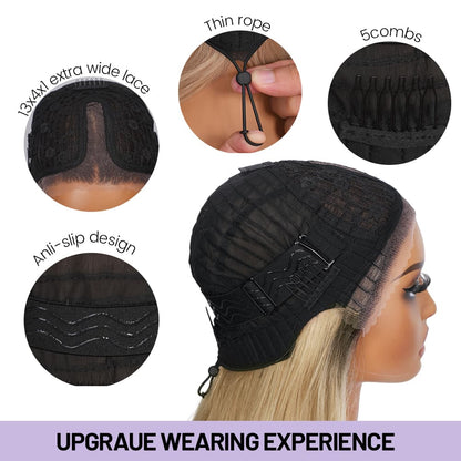 Wigaga 28 inch Cookie Ombre Body Wave Wig , 13x4x1 HD Lace Glueless T-Part Lace Front Synthetic Wig for Women, Pre-Plucked Natural Hairline with Baby Hair, 200% Density Soft Lightweight Heat-Resistant Premium Fiber, Middle Part Small Wavy