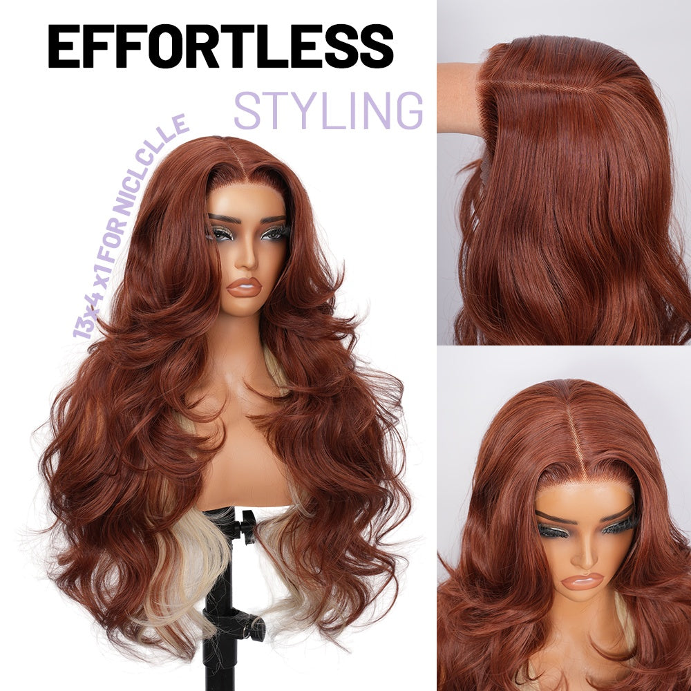 Wigaga 28 Inch Copper Blonde Body Wave Wig, 13x4x1 HD Lace Glueless T-Part Lace Front Synthetic Wig for Women, Pre-Plucked Natural Hairline with Baby Hair, Soft Lightweight Heat-Resistant Premium Fiber, Middle Part Free Small Wavy, 200% Density
