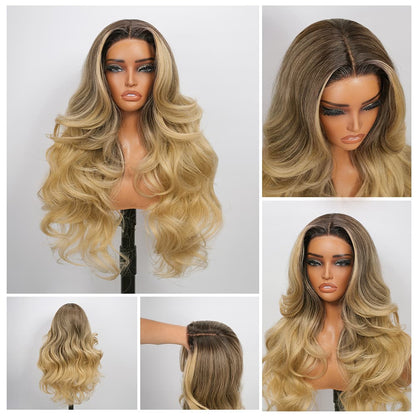Wigaga 28 Inch Ombre Blonde Body Wave Wig, 13x4x1 HD Lace Glueless T-Part Lace Front Synthetic Wig for Women, Pre-Plucked Natural Hairline with Baby Hair, 200% Density, Soft Lightweight Heat-Resistant Premium Fiber, Middle Part Free Small Wavy