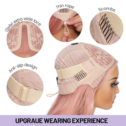Wigaga 28 Inch Pink Body Wave Wig, 13x4x1 HD Lace Glueless T-Part Lace Front Synthetic Wig for Women, Pre-Plucked Natural Hairline with Baby Hair, 200% Density, Soft Lightweight Heat-Resistant Premium Fiber