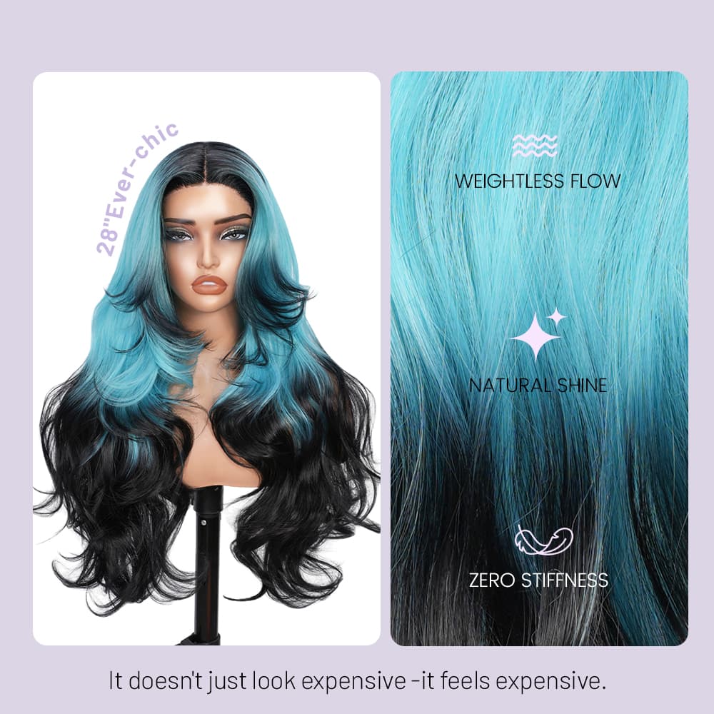 Wigaga 28 Inch Ombre Teal Black Body Wave Wig, 13x4x1 HD Lace Glueless T-Part Lace Front Synthetic Wig for Women, Pre-Plucked Natural Hairline with Baby Hair, 200% Density, Soft Lightweight Heat-Resistant Premium Fiber