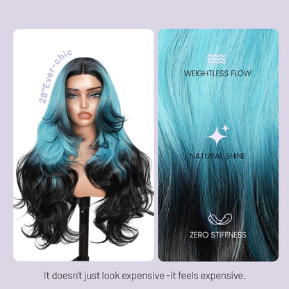 Wigaga 28 Inch Ombre Teal Black Body Wave Wig, 13x4x1 HD Lace Glueless T-Part Lace Front Synthetic Wig for Women, Pre-Plucked Natural Hairline with Baby Hair, 200% Density, Soft Lightweight Heat-Resistant Premium Fiber