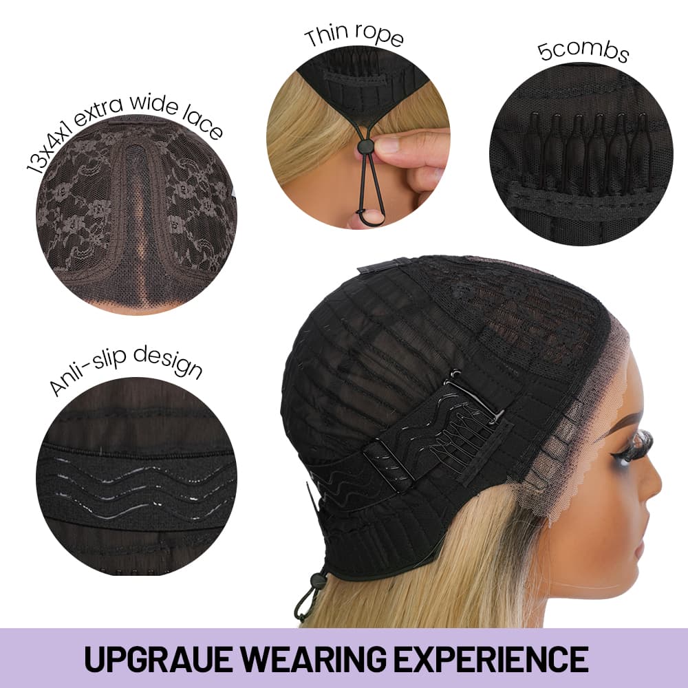 Wigaga 28 inch Ombre Flaxen Blonde Body Wave Wig, 13x4x1 HD Lace Glueless T-Part Lace Front Synthetic Wig for Women, Pre-Plucked Natural Hairline with Baby Hair, 200% Density Soft Lightweight Heat-Resistant Premium Fiber, Middle Part