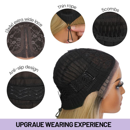 Wigaga 28 inch Ombre Flaxen Blonde Body Wave Wig, 13x4x1 HD Lace Glueless T-Part Lace Front Synthetic Wig for Women, Pre-Plucked Natural Hairline with Baby Hair, 200% Density Soft Lightweight Heat-Resistant Premium Fiber, Middle Part