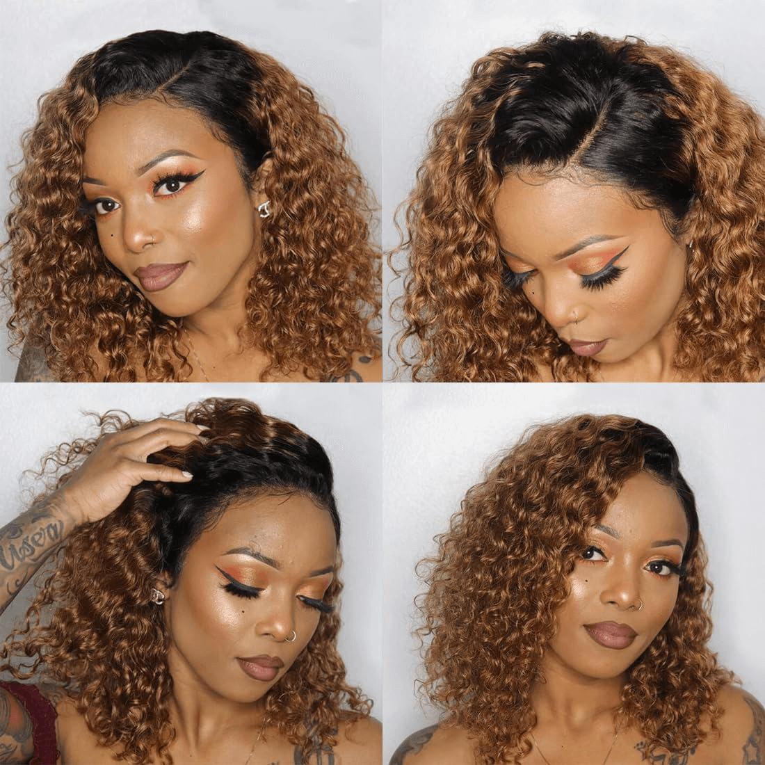 Wesface Ombre Lace Closure Wig Human Hair Short Curly Bob Brown Ombre Glueless Wigs Human Hair Pre Plucked With Baby Hair for Black Women 4x4 Lace Closure Brazilian Virgin Hair Dark Roots Wig