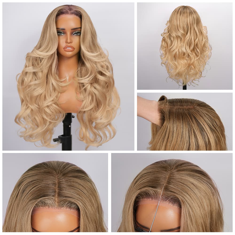 Wigaga 28 Inch Ombre Autumn Brown Body Wave Wig, 13x4x1 HD Lace Glueless T-Part Lace Front Synthetic Wigs for Women, Pre-Plucked Hairline with Baby Hair, Soft Lightweight Heat-Resistant Premium Fiber, Middle Part Free Small Wavy, 200% Density