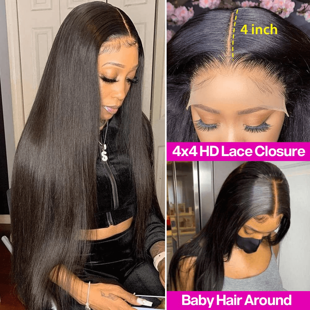 Wesface Wigs Glueless Lace Closure Wigs Human Hair Pre Plucked Bleached Knots with Baby Hair 180 Density 4x4 Straight Lace Closure Wigs for Black Women Natural Black Color