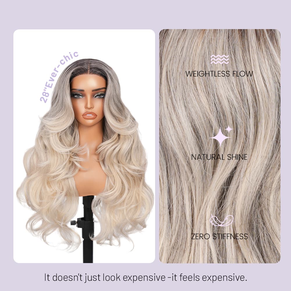 Wigaga 28 Inch Ombre Yellow Gray Body Wave Wig, 13x4x1 HD Lace Glueless T-Part Lace Front Synthetic Wig for Women, Pre-Plucked Natural Hairline with Baby Hair, 200% Density, Soft Lightweight Heat-Resistant Premium Fiber