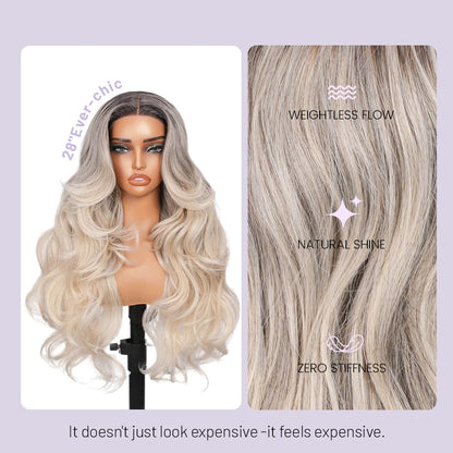 Wigaga 28 Inch Ombre Yellow Gray Body Wave Wig, 13x4x1 HD Lace Glueless T-Part Lace Front Synthetic Wig for Women, Pre-Plucked Natural Hairline with Baby Hair, 200% Density, Soft Lightweight Heat-Resistant Premium Fiber