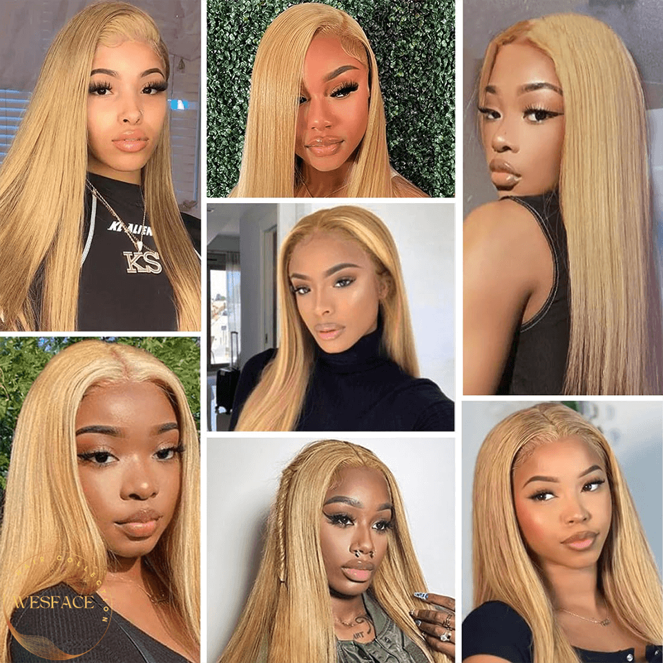 Wesface Honey Blonde Straight Lace Front Wig Human Hair 13x4 Honey Blonde Lace Front Wig Human Hair 180 Density 27 Colored Human Hair Lace Front Wigs Honey Blonde Human Hair Wigs for Women