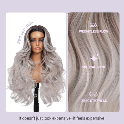 Wigaga 28 Inch Ombre Body Wave Wig, 13x4x1 HD Lace Glueless T-Part Lace Front Synthetic Wig for Women, Pre-Plucked Natural Hairline with Baby Hair, 200% Density, Soft Lightweight Heat-Resistant Premium Fiber, Middle Part Free Small Wavy