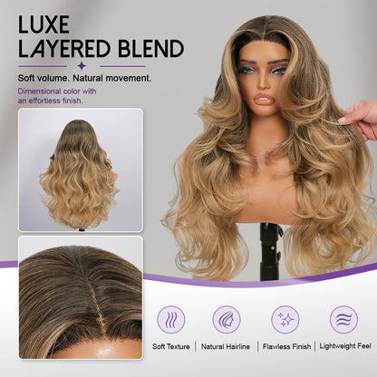 Wigaga 28 Inch Ombre Brown Body Wave Wig, 13x4x1 HD Lace Glueless T-Part Lace Front Synthetic Wigs for Women, Pre-Plucked Hairline with Baby Hair, Soft Lightweight Heat-Resistant Premium Fiber, Middle Part Free Small Wavy, 200% Density