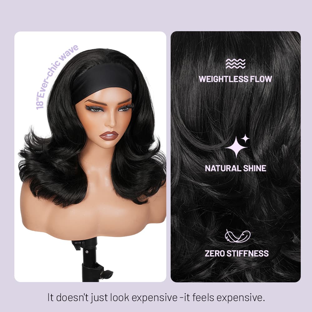 Wigaga Headband Wig for Women, Glueless No-Lace Wear &amp; Go Wig, 18 Inch Premium Soft Lightweight Heat-Resistant Fiber Synthetic Wig, Layered Body Wave Wig , Pre-Plucked Natural Hairline, Beginner Friendly 200% Density